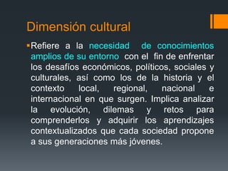 Dimensión cultural 
Refiere a la necesidad de conocimientos 
amplios de su entorno con el fin de enfrentar 
los desafíos económicos, políticos, sociales y 
culturales, así como los de la historia y el 
contexto local, regional, nacional e 
internacional en que surgen. Implica analizar 
la evolución, dilemas y retos para 
comprenderlos y adquirir los aprendizajes 
contextualizados que cada sociedad propone 
a sus generaciones más jóvenes. 
 