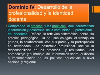 Dominio IV: Desarrollo de la 
profesionalidad y la identidad 
docente 
Comprende el proceso y las prácticas que caracterizan 
la formación y desarrollo de la comunidad profesional 
de docentes. Refiere la reflexión sistemática sobre su 
práctica pedagógica, la de sus colegas, el trabajo en 
grupos, la colaboración con sus pares y su participación 
en actividades de desarrollo profesional. Incluye la 
responsabilidad en los procesos y resultados del 
aprendizaje y el manejo de información sobre el diseño 
e implementación de las políticas educativas a nivel 
nacional y regional. 
 