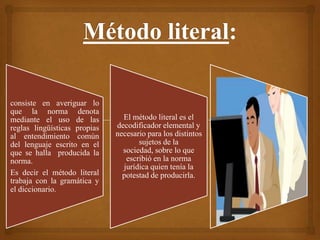 consiste en averiguar lo
que la norma denota
mediante el uso de las          El método literal es el
reglas lingüísticas propias   decodificador elemental y
al entendimiento común        necesario para los distintos
del lenguaje escrito en el           sujetos de la
que se halla producida la       sociedad, sobre lo que
norma.                           escribió en la norma
                                jurídica quien tenía la
Es decir el método literal      potestad de producirla.
trabaja con la gramática y
el diccionario.
 