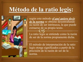 según este método el qué quiere decir
de la norma se obtiene desentrañando
su razón de ser intrínseca, la que puede
extraerse de su propio texto.

La ratio legis se entiende como la razón
de ser de la norma propiamente dicha.

El método de interpretación de la ratio
legis otorga significados a partir de la
precisión de la razón de ser de la
norma.
 