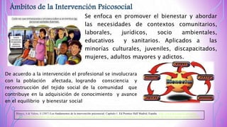 Ámbitos de la Intervención Psicosocial
Se enfoca en promover el bienestar y abordar
las necesidades de contextos comunitarios,
laborales, jurídicos, socio ambientales,
educativos y sanitarios. Aplicados a las
minorías culturales, juveniles, discapacitados,
mujeres, adultos mayores y adictos.
De acuerdo a la intervención el profesional se involucrara
con la población afectada, logrando consciencia y
reconstrucción del tejido social de la comunidad que
contribuye en la adquisición de conocimiento y avance
en el equilibrio y bienestar social
Blanco, A & Valera, S (2007) Los fundamentos de la intervención psicosocial. Capítulo 1. Ed Prentice Hall Madrid, España. http://www.psicosocial.net/grupo-
accion-comunitaria/centro-de-documentacion-gac/trabajo-psicosocial-y-comunitario/modelos-de-trabajo/619-los-fundamentos-de-la-intervencion-psicosocial/file
 