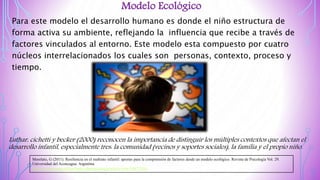 Luthar, cichetti y becker (2000) reconocen la importancia de distinguir los múltiples contextos que afectan el
desarrollo infantil, especialmente tres: la comunidad (vecinos y soportes sociales), la familia y el propio niño.
Modelo Ecológico
Para este modelo el desarrollo humano es donde el niño estructura de
forma activa su ambiente, reflejando la influencia que recibe a través de
factores vinculados al entorno. Este modelo esta compuesto por cuatro
núcleos interrelacionados los cuales son personas, contexto, proceso y
tiempo.
Morelato, G (2011). Resiliencia en el maltrato infantil: aportes para la comprensión de factores desde un modelo ecológico. Revista de Psicología Vol. 29.
Universidad del Aconcagua. Argentina
http://revistas.pucp.edu.pe/index.php/psicologia/article/view/2467/2416
 