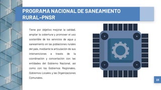 PROGRAMA NACIONAL DE SANEAMIENTO
RURAL–PNSR
Tiene por objetivo mejorar la calidad,
ampliar la cobertura y promover el uso
sostenible de los servicios de agua y
saneamiento en las poblaciones rurales
del país, mediante la articulación de sus
intervenciones a través de la
coordinación y concertación con las
entidades del Gobierno Nacional, así
como con los Gobiernos Regionales,
Gobiernos Locales y las Organizaciones
Comunales.
23
 