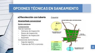 OPCIONES TÉCNICASEN SANEAMIENTO
a) Recolección con tubería
63
Alcantarillado convencional
Red de colectores
Componentes
Red de tuberías:
- Cámaras de inspección
- Buzon de inspección
- Registro de inspección
- Buzonete
Conexiones domiciliarias:
- Caja de registro
- Tuberías de PVC o concreto
Esquema
 