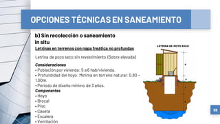 OPCIONES TÉCNICASEN SANEAMIENTO
b) Sin recolección o saneamiento
in situ
69
Letrinas en terrenos con napa freática no profundas
Letrina de pozo seco sin revestimiento (Sobre elevada)
Consideraciones
• Población por vivienda: 5 a 6 hab/vivienda.
• Profundidad del hoyo: Mínima en terreno natural: 0,80 –
1,00m.
• Periodo de diseño mínimo de 3 años.
Componentes
• Hoyo
• Brocal
• Piso
• Caseta
• Escalera
• Ventilación
 