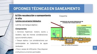 OPCIONES TÉCNICASEN SANEAMIENTO
b) Sin recolección o saneamiento
in situ
71
Letrina con arrastre hidráulico
Letrina con tanque séptico
Componentes
• Servicios higiénicos: Inodoro, ducha y
lavadero, bajo las mismas consideraciones
que en el ámbito urbano.
• Tanque séptico: Las consideraciones son
contempladas en tratamiento de aguas
residuales.
• Poza o zanjas de infiltración: Para disponer
el efluente en un terreno permeable.
Esquema
 