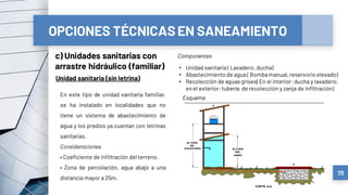 OPCIONES TÉCNICASEN SANEAMIENTO
c) Unidades sanitarias con
arrastre hidráulico (familiar)
73
Unidad sanitaria (sin letrina)
En este tipo de unidad sanitaria familiar,
se ha instalado en localidades que no
tiene un sistema de abastecimiento de
agua y los predios ya cuentan con letrinas
sanitarias.
Consideraciones
• Coeficiente de infiltración del terreno.
• Zona de percolación, agua abajo a una
distancia mayor a 25m.
Esquema
Componentes
• Unidad sanitaria ( Lavadero, ducha)
• Abastecimiento de agua ( Bombamanual,reservorio elevado)
• Recolección de aguas grises(En el interior: ducha y lavadero;
en el exterior: tubería de recolección y zanja de infiltración)
 