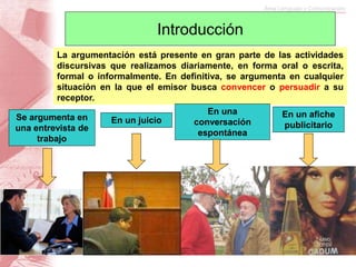 Introducción
La argumentación está presente en gran parte de las actividades
discursivas que realizamos diariamente, en forma oral o escrita,
formal o informalmente. En definitiva, se argumenta en cualquier
situación en la que el emisor busca convencer o persuadir a su
receptor.
Se argumenta en
una entrevista de
trabajo
En un juicio
En una
conversación
espontánea
En un afiche
publicitario
 