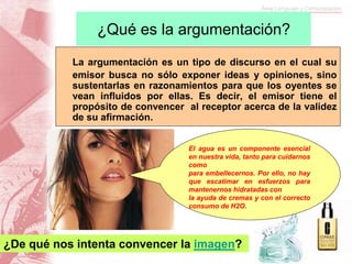 ¿Qué es la argumentación?
La argumentación es un tipo de discurso en el cual su
emisor busca no sólo exponer ideas y opiniones, sino
sustentarlas en razonamientos para que los oyentes se
vean influidos por ellas. Es decir, el emisor tiene el
propósito de convencer al receptor acerca de la validez
de su afirmación.
El agua es un componente esencial
en nuestra vida, tanto para cuidarnos
como
para embellecernos. Por ello, no hay
que escatimar en esfuerzos para
mantenernos hidratadas con
la ayuda de cremas y con el correcto
consumo de H2O.
¿De qué nos intenta convencer la imagen?
 