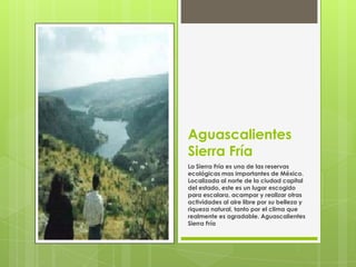 Aguascalientes
Sierra Fría
La Sierra Fría es una de las reservas
ecológicas mas importantes de México.
Localizada al norte de la ciudad capital
del estado, este es un lugar escogido
para escalara, acampar y realizar otras
actividades al aire libre por su belleza y
riqueza natural, tanto por el clima que
realmente es agradable. Aguascalientes
Sierra Fría
 
