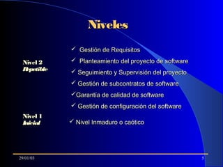 29/01/03 5
Nivel 2Nivel 2
RepetibleRepetible
Nivel 1Nivel 1
InicialInicial
 Gestión de RequisitosGestión de Requisitos
 Planteamiento del proyecto de softwarePlanteamiento del proyecto de software
 Seguimiento y Supervisión del proyectoSeguimiento y Supervisión del proyecto
 Gestión de subcontratos de softwareGestión de subcontratos de software
Garantía de calidad de softwareGarantía de calidad de software
 Gestión de configuración del softwareGestión de configuración del software
NivelesNiveles
 Nivel Inmaduro o caóticoNivel Inmaduro o caótico
 