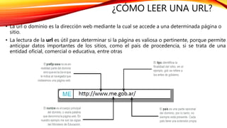 ¿CÓMO LEER UNA URL?
• La url o dominio es la dirección web mediante la cual se accede a una determinada página o
sitio.
• La lectura de la url es útil para determinar si la página es valiosa o pertinente, porque permite
anticipar datos importantes de los sitios, como el país de procedencia, si se trata de una
entidad oficial, comercial o educativa, entre otras
 