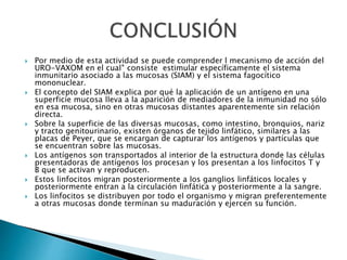  Por medio de esta actividad se puede comprender l mecanismo de acción del
URO-VAXOM en el cual® consiste estimular específicamente el sistema
inmunitario asociado a las mucosas (SIAM) y el sistema fagocítico
mononuclear.
 El concepto del SIAM explica por qué la aplicación de un antígeno en una
superficie mucosa lleva a la aparición de mediadores de la inmunidad no sólo
en esa mucosa, sino en otras mucosas distantes aparentemente sin relación
directa.
 Sobre la superficie de las diversas mucosas, como intestino, bronquios, nariz
y tracto genitourinario, existen órganos de tejido linfático, similares a las
placas de Peyer, que se encargan de capturar los antígenos y partículas que
se encuentran sobre las mucosas.
 Los antígenos son transportados al interior de la estructura donde las células
presentadoras de antígenos los procesan y los presentan a los linfocitos T y
B que se activan y reproducen.
 Estos linfocitos migran posteriormente a los ganglios linfáticos locales y
posteriormente entran a la circulación linfática y posteriormente a la sangre.
 Los linfocitos se distribuyen por todo el organismo y migran preferentemente
a otras mucosas donde terminan su maduración y ejercen su función.
 