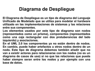 Diagrama de Despliegue
El Diagrama de Despliegue es un tipo de diagrama del Lenguaje
Unificado de Modelado que se utiliza para modelar el hardware
utilizado en las implementaciones de sistemas y las relaciones
entre sus componentes.
Los elementos usados por este tipo de diagrama son nodos
(representados como un prisma), componentes (representados
como una caja rectangular con dos protuberancias del lado
izquierdo) y asociaciones.
En el UML 2.0 los componentes ya no están dentro de nodos.
En cambio, puede haber artefactos u otros nodos dentro de un
nodo. Este tipo de diagrama debemos también añadir que no
van a existir actores para relacionarse con los nodos (no es un
diagrama de casos de uso) si no que las relaciones que pueda
haber siempre seran entre los nodos y por ejemplo con una
base de datos.
 