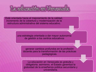 Está orientada hacia el mejoramiento de la calidad,
incremento de la cobertura y modernización de la
estructura administrativa del sistema educativo.
una estrategia orientada a dar mayor autonomía
de gestión a los centros educativos
generar cambios profundos en la profesión
docente para la transformación de las prácticas
pedagógicas.
La educación en Venezuela es gratuita y
obligatoria; asimismo, el Estado garantiza la
gratuidad de la enseñanza pública secundaria y
universitaria.
 