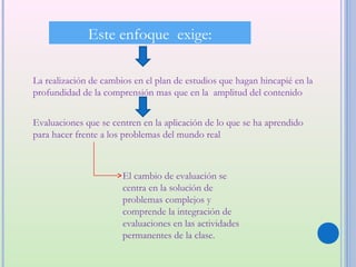Este enfoque exige:

La realización de cambios en el plan de estudios que hagan hincapié en la
profundidad de la comprensión mas que en la amplitud del contenido


Evaluaciones que se centren en la aplicación de lo que se ha aprendido
para hacer frente a los problemas del mundo real



                       El cambio de evaluación se
                       centra en la solución de
                       problemas complejos y
                       comprende la integración de
                       evaluaciones en las actividades
                       permanentes de la clase.
 