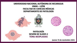 UNIVERSIDAD NACIONAL AUTÓNOMA DE NICARAGUA
UNAN – LEÓN
FACULTAD DE CIENCIAS MÉDICAS
DEPARTAMENTO DE PATOLOGÍA
PATOLOGÍA
SESIÓN DE SLIDES 2
TEMA: NEOPLASIAS
Jueves 15 de noviembre 2023.
 