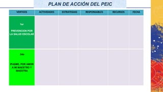 PLAN DE ACCIÓN DEL PEIC
VERTICES ACTIVIDADES ESTRATEGIAS RESPONSABLES RECURSOS FECHA
1er
PREVENCION POR
LA SALUD ESCOLAR
2do
IPASME, POR AMOR
A MI MAESTRO Y
MAESTRA
 