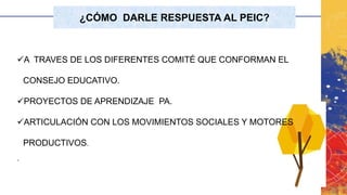 ¿CÓMO DARLE RESPUESTA AL PEIC?
✓A TRAVES DE LOS DIFERENTES COMITÉ QUE CONFORMAN EL
CONSEJO EDUCATIVO.
✓PROYECTOS DE APRENDIZAJE PA.
✓ARTICULACIÓN CON LOS MOVIMIENTOS SOCIALES Y MOTORES
PRODUCTIVOS.
.
 