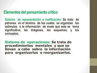 Elementos del pensamiento critico
Sistema de representación o codificación: Se trata de
patrones en el término de los cuales se organizan los
estímulos o la información de modo que esta se toma
significativa, las imágenes, los esquemas, y los
conceptos.
Sistema de operaciones: Se trata de
procedimientos mentales y que se
llevan a cabo sobre la información
para organizarlos o reorganizarlos.
 