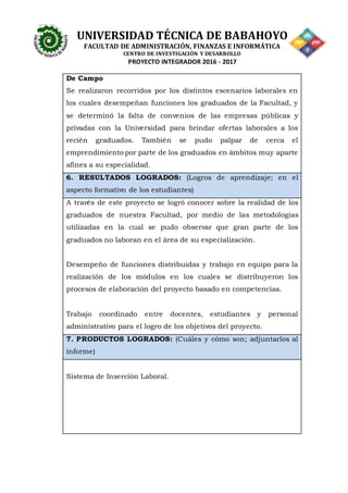 UNIVERSIDAD TÉCNICA DE BABAHOYO
FACULTAD DE ADMINISTRACIÓN, FINANZAS E INFORMÁTICA
CENTRO DE INVESTIGACIÓN Y DESARROLLO
PROYECTO INTEGRADOR 2016 - 2017
De Campo
Se realizaron recorridos por los distintos escenarios laborales en
los cuales desempeñan funciones los graduados de la Facultad, y
se determinó la falta de convenios de las empresas públicas y
privadas con la Universidad para brindar ofertas laborales a los
recién graduados. También se pudo palpar de cerca el
emprendimiento por parte de los graduados en ámbitos muy aparte
afines a su especialidad.
6. RESULTADOS LOGRADOS: (Logros de aprendizaje; en el
aspecto formativo de los estudiantes)
A través de este proyecto se logró conocer sobre la realidad de los
graduados de nuestra Facultad, por medio de las metodologías
utilizadas en la cual se pudo observar que gran parte de los
graduados no laboran en el área de su especialización.
Desempeño de funciones distribuidas y trabajo en equipo para la
realización de los módulos en los cuales se distribuyeron los
procesos de elaboración del proyecto basado en competencias.
Trabajo coordinado entre docentes, estudiantes y personal
administrativo para el logro de los objetivos del proyecto.
7. PRODUCTOS LOGRADOS: (Cuáles y cómo son; adjuntarlos al
informe)
Sistema de Inserción Laboral.
 