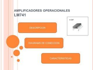 AMPLIFICADORES OPERACIONALES

LM741

DESCRIPCION

DIAGRAMS DE CONECCION

CARACTERISTICAS

 