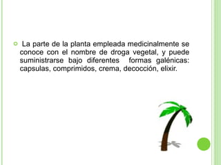 La parte de la planta empleada medicinalmente se conoce con el nombre de droga vegetal, y puede suministrarse bajo diferentes  formas galénicas: capsulas, comprimidos, crema, decocción, elixir. 