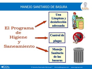 © Derechos Reservados EQS Grupo ® informes@eqsgrupo.com www.eqsgrupo.com
MANEJO SANITARIO DE BASURA
Control de
plagas
Manejo
Sanitario
de las
basuras
Una
Limpieza y
desinfección
adecuada
 