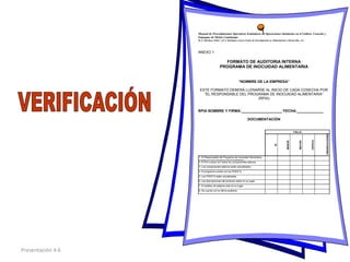 Presentación 4.6
Manual de Procedimientos Operativos Estándares de Operaciones Sanitarias en el Cultivo, Cosecha y
Empaque de Melón Cantaloupe
M.A. Martínez-Téllez* yF.J. Rodríguez Leyva Centro de Investigación en Alimentación y Desarrollo, A.C.
ANEXO 1
FORMATO DE AUDITORIA INTERNA
PROGRAMA DE INOCUIDAD ALIMENTARIA
“NOMBRE DE LA EMPRESA”
ESTE FORMATO DEBERÁ LLENARSE AL INICIO DE CADA COSECHA POR
"EL RESPONSABLE DEL PROGRAMA DE INOCUIDAD ALIMENTARIA”
(RPIA)
RPIA NOMBRE Y FIRMA:____________________ FECHA:_____________
DOCUMENTACIÓN
SI
MENOR
MAYOR
CRÍTICA
OBSERVACIONES
1. El Responsable del Programa de Inocuidad Alimentaria
cuenta con las carpetas correspondientes.
2. El PIA cuenta con todos los componentes básicos.
3. Los componentes básicos están actualizados.
4. El programa cuenta con los POES´S.
5. Los POES´S están actualizadas.
6. Las descripciones del producto están en su lugar.
7. El análisis de peligros esta en su lugar.
8. Se cuenta con la última auditoria.
FALLA
 