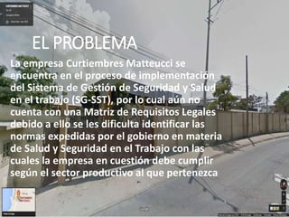 EL PROBLEMA
La empresa Curtiembres Matteucci se
encuentra en el proceso de implementación
del Sistema de Gestión de Seguridad y Salud
en el trabajo (SG-SST), por lo cual aún no
cuenta con una Matriz de Requisitos Legales
debido a ello se les dificulta identificar las
normas expedidas por el gobierno en materia
de Salud y Seguridad en el Trabajo con las
cuales la empresa en cuestión debe cumplir
según el sector productivo al que pertenezca
 