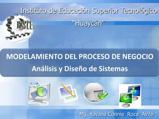 Instituto de Educación Superior Tecnológico
                   “Huaycán”



MODELAMIENTO DEL PROCESO DE NEGOCIO
      Análisis y Diseño de Sistemas




                     Mg. Yovana Connie Roca Avila
 