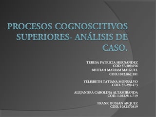 TERESA PATRICIA HERNANDEZ
COD 57.309.656
BHITIAH MARIAM MAIGUEL
COD.1082.862.181
YELISBETH TATIANA MONSALVO
COD. 57.290.473
ALEJANDRA CAROLINA ALTAMIRANDA
COD. 1.082.914.719
FRANK DUSSAN ARQUEZ
COD. 1082370819
 