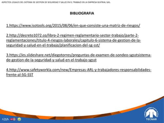 BIBLIOGRAFIA
1.https://www.isotools.org/2015/08/06/en-que-consiste-una-matriz-de-riesgos/
2.http://decreto1072.co/libro-2-regimen-reglamentario-sector-trabajo/parte-2-
reglamentaciones/titulo-4-riesgos-laborales/capitulo-6-sistema-de-gestion-de-la-
seguridad-y-salud-en-el-trabajo/planificacion-del-sg-sst/
3.https://es.slideshare.net/diegotorres/preguntas-de-examen-de-sondeo-sgsstsistema-
de-gestion-de-la-seguridad-y-salud-en-el-trabajo-sgsst
4.http://www.safetyworkla.com/new/Empresas-ARL-y-trabajadores-responsabilidades-
frente-al-SG-SST
ASPECTOS LEGALES DEL SISTEMA DE GESTION DE SEGURIDAD Y SALUD EN EL TRABAJO EN LA EMPRESA SEATRIAL SAS.
 