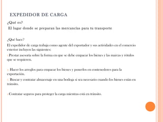  
EXPEDIDOR DE CARGA
¿Qué es?
El lugar donde se preparan las mercancías para tu transporte
¿Qué hace?
El expedidor de carga trabaja como agente del exportador y sus actividades en el comercio
exterior incluyen las siguientes: 
1.Prestar

asesoría sobre la forma en que se debe empacar los bienes y las marcas y rótulos
que se requieren. 
Hacer los arreglos para empacar los bienes y ponerlos en contenedores para la
exportación. 
2.

Buscar y contratar almacenaje en una bodega si sea necesario cuando los bienes están en
tránsito. 
3.

4.Contratar

seguros para proteger la carga mientras está en tránsito. 

 