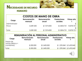 NECESIDADES DE RECURSO
HUMANO
COSTOS DE MANO DE OBRA
Cargo
Remuneración
mensual
Remuneración
anual
Prestaciones
sociales
Primer año
1
Administrador
Finca $ 589.500 $ 7.074.000 $ 3.804.751
$
10.878.751
Total $ 589.500 $ 7.074.000 $ 3.804.751
$
10.878.751
REMUNERACIÓN AL PERSONAL ADMINISTRATIVO
Cargo
Remuneración
mensual
Remuneración
anual
Prestaciones
sociales
Primer año
1
Asesor de
ventas (Básico +
comisiones) $ 200.000 $ 2.400.000 $ 1.290.840 $ 3.690.840
Total $ 200.000 $ 2.400.000 $ 1.290.840 $ 3.690.840
 