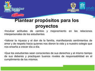 Plantear propósitos para los proyectosInculcar actitudes de cambio y mejoramiento en las relaciones interpersonales de los estudiantes.