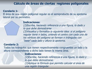 Cálculo de áreas de ciertas  regiones poligonales Corolario 1: El área de una región poligonal regular es el semiproducto de su apotema lateral por su perímetro. Corolario 2: Todos los triángulos que tienen respectivamente congruentes un lado y la altura correspondiente a dicho lado tienen la misma área. Indicaciones : Escriba, haciendo referencia a una figura, lo dado y lo que debe demostrarse Visualice y formalice la siguiente idea: si el polígono regular tiene n lados, uniendo el centro con cada uno de los vértices del polígono se forman n triángulos con “base” cada lado y altura la apotema.  Indicaciones : Escriba, haciendo referencia a una figura, lo dado y lo que debe demostrarse. Aplique la fórmula que permite calcular el área de una región triangular. 