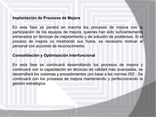 Implantación de Procesos de Mejora

En esta fase se pondrá en marcha los procesos de mejora con la
participación de los equipos de mejora, quienes han sido suficientemente
entrenados en técnicas de mejoramiento y de solución de problemas. Si el
proceso de mejora va mostrando sus frutos, es necesario motivar al
personal con acciones de reconocimiento.
Consolidación y Optimización Interfuncional
En esta fase se continuará desarrollando los procesos de mejora y
continuará con la capacitación en técnicas de calidad más avanzadas. se
desarrollará los sistemas y procedimientos con base a las normas ISO . Se
continuará con los procesos de mejora manteniendo y perfeccionando la
gestión estratégica.

 