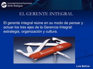 EL GERENTE INTEGRAL  El gerente integral reúne en su modo de pensar y actuar los tres ejes de la Gerencia Integral: estrategia, organización y cultura.  Luis Bolivar 