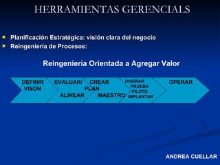 Planificación Estratégica: visión clara del negocio Reingeniería de Procesos: Reingeniería Orientada a Agregar Valor DEFINIR VISON EVALUAR/ AAA ALINEAR CREAR  PLAN  …... MAESTRO DISEÑAR PRUEBA . PILOTO ..  IMPLANTAR OPERAR HERRAMIENTAS GERENCIALS ANDREA CUELLAR 