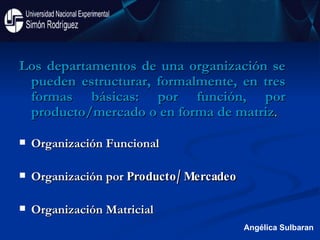 Los departamentos de una organización se pueden estructurar, formalmente, en tres formas básicas: por función, por producto/mercado o en forma de matriz . Organización Funcional  Organización por  Producto/Mercadeo Organización Matricial Angélica Sulbaran 