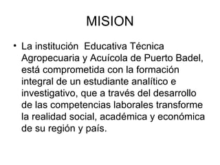MISION La institución  Educativa Técnica Agropecuaria y Acuícola de Puerto Badel, está comprometida con la formación integral de un estudiante analítico e investigativo, que a través del desarrollo de las competencias laborales transforme la realidad social, académica y económica de su región y país. 