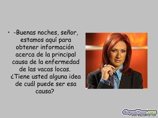 -Buenas noches, señor, estamos aquí para obtener información  acerca de la principal causa de la enfermedad de las vacas locas.  ¿Tiene usted alguna idea de cuál puede ser esa causa?  
