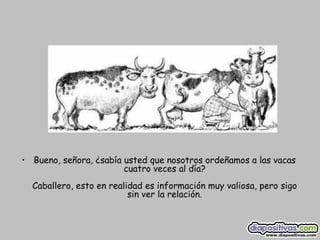 Bueno, señora, ¿sabía usted que nosotros ordeñamos a las vacas  cuatro veces al día?  Caballero, esto en realidad es información muy valiosa, pero sigo  sin ver la relación.  