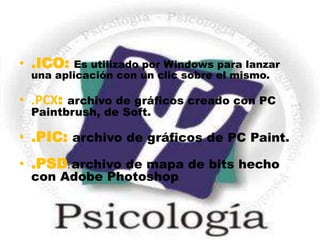 .ICO: Es utilizado por Windows para lanzar una aplicación con un clic sobre el mismo. .PCX: archivo de gráficos creado con PC Paintbrush, de Soft..PIC: archivo de gráficos de PC Paint. .PSD: archivo de mapa de bits hecho con Adobe Photoshop. 