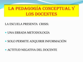 LA PEDAGOGÍA CONCEPTUAL Y LOS DOCENTESLA ESCUELA PRESENTA  CRISIS:UNA ERRADA METODOLOGÍASOLO PERMITE ADQUIRIR INFORMACIÓNACTITUD NEGATIVA DEL DOCENTE