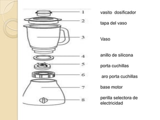 vasito  dosificadortapa del vasoVasoanillo de siliconaporta cuchillasaro porta cuchillasbase motorperilla selectora de electricidad 