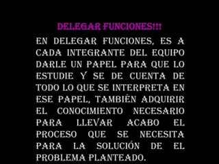 DELEGAR FUNCIONES!!!En delegar funciones, es a cada integrante del equipo darle un papel para que lo estudie y se de cuenta de todo lo que se interpreta en ese papel, también adquirir el conocimiento necesario para llevar acabo el proceso que se necesita para la solución de el problema planteado.