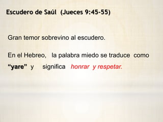 Entrego su vida en honor a su rey, Como un buen escudero sostuvo su ética al salvar por encima de todo la vida de su rey, aunque pareciera que desobedecía una orden:Entonces dijo Saúl a su escudero: Saca tu espada, y traspásame con ella, para que no vengan estos incircuncisos y me traspasen, y me escarnezcan. Mas su escudero no quería, porque tenía gran temor. Entonces tomó Saúl su propia espada y se echó sobre ella. (V.4)