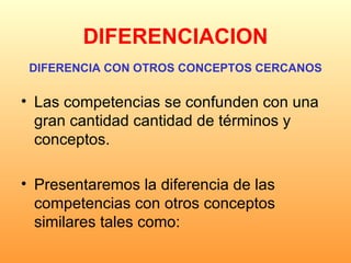 DIFERENCIACION Las competencias se confunden con una gran cantidad cantidad de términos y conceptos.  Presentaremos la diferencia de las competencias con otros conceptos similares tales como:   DIFERENCIA CON OTROS CONCEPTOS CERCANOS 